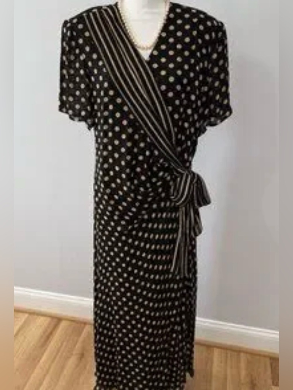 Black Polka Dot Silk Wrap Maxi Dress with Tie Detail